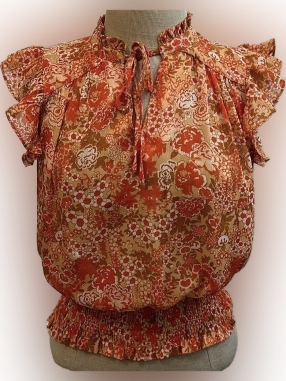 RACHEL ZOE Orange Floral Ruffle Tie-Neck Blouse